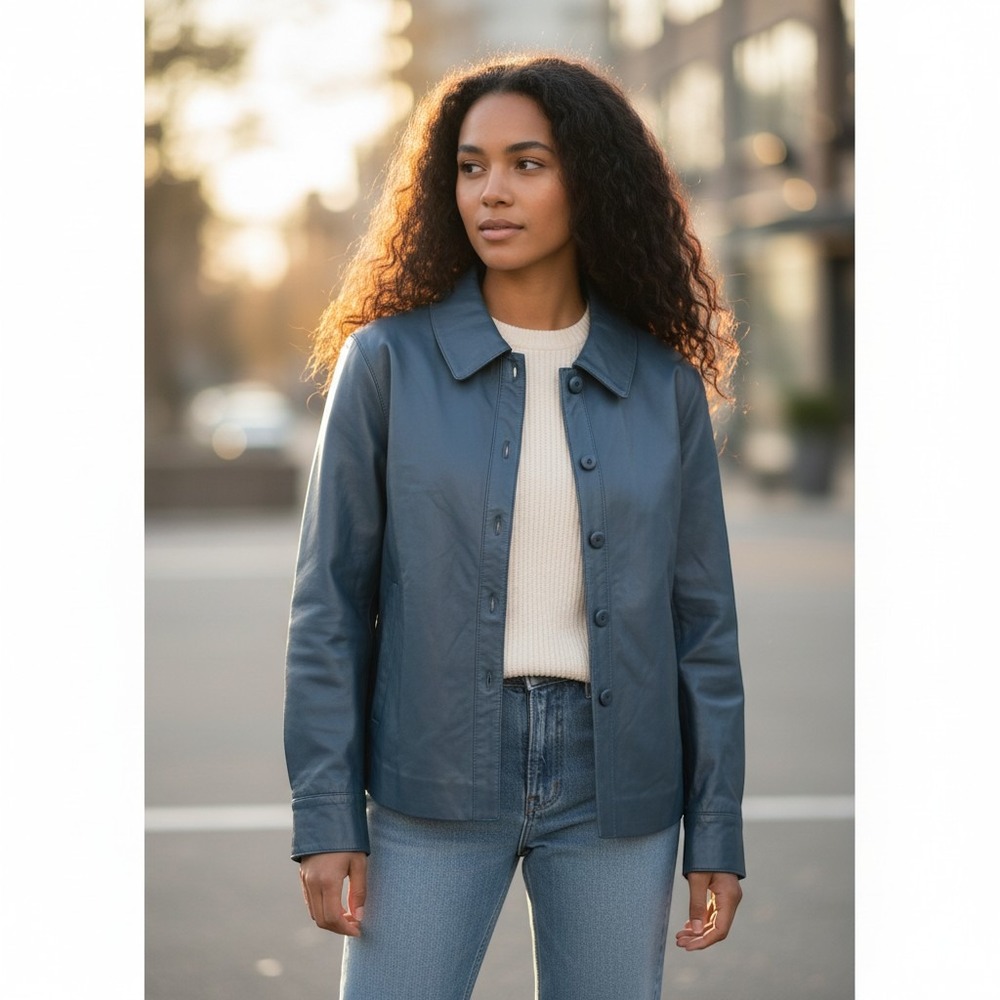Jild Women's Muted Navy Button Up Leather Jacket Size M (NEW)